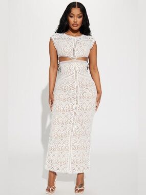 White Lace Cut Out Maxi Dress with Scallop Detail